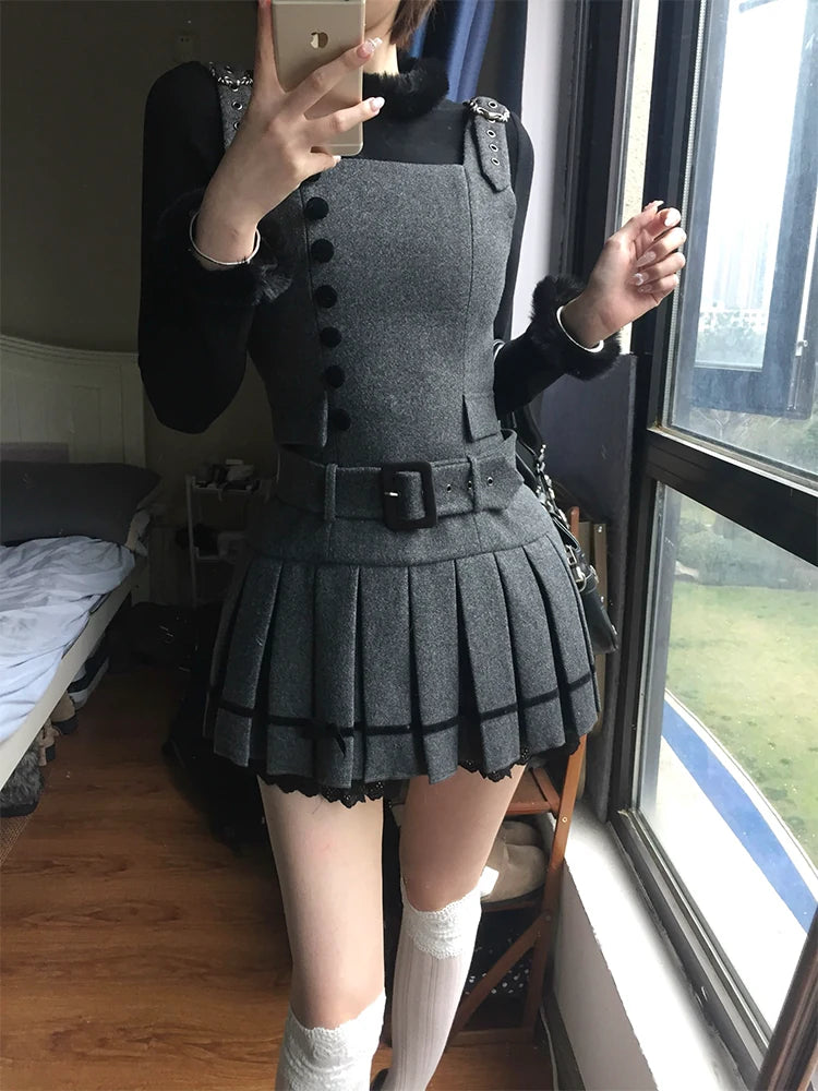 【予約販売】Graceful Gray プリーツジャンパースカート・ショート丈