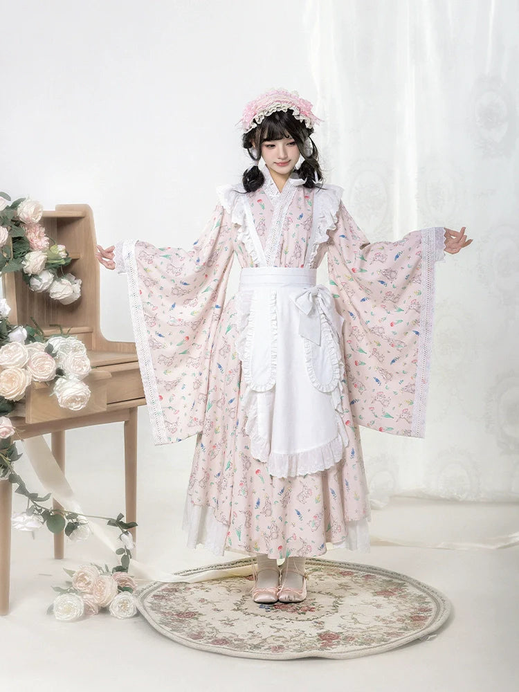 Hana Kikou Japanese Lolita Maid Style Apron Dress Long Length RonRon Hana Kikou Japanese Lolita Maid Style Apron Dress Long Length RonRon