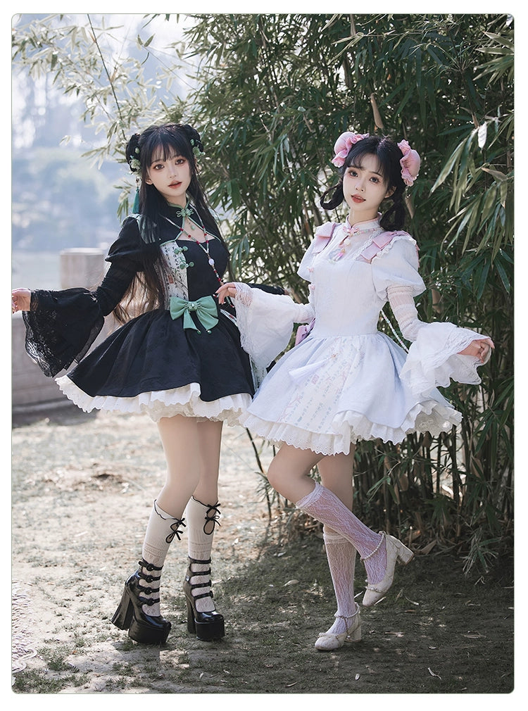 白緑 竹模様のマオカラーミニワンピース