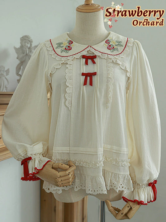 Strawberry Orchard Strawberry Embroidered Long Sleeve Blouse