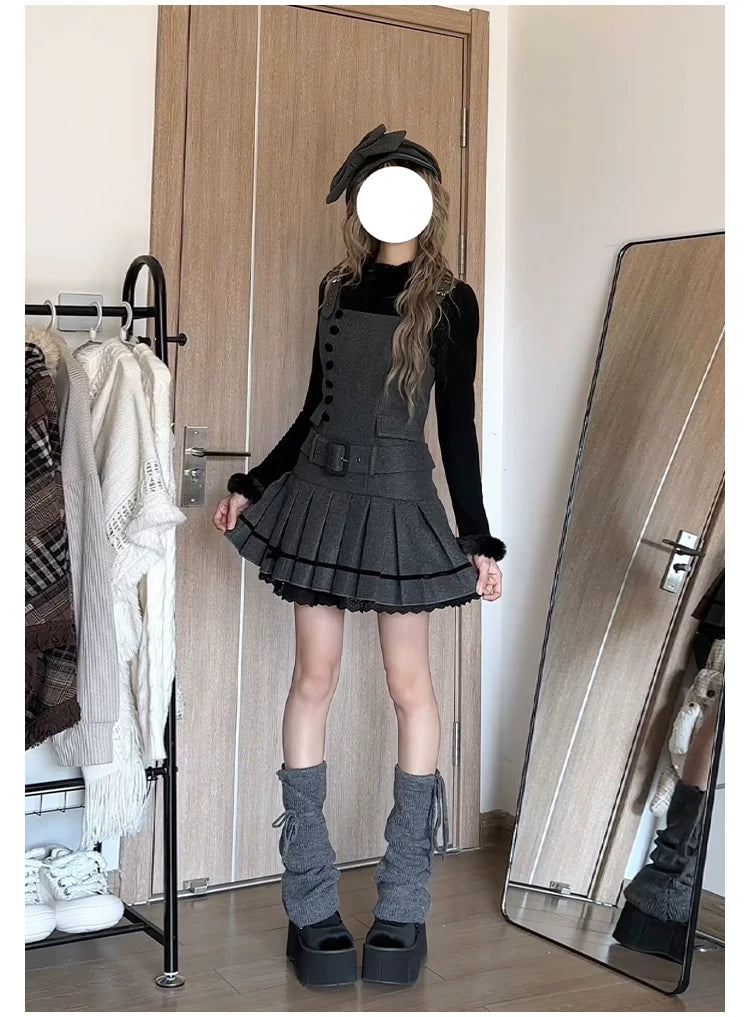 【予約販売】Graceful Gray プリーツジャンパースカート・ショート丈
