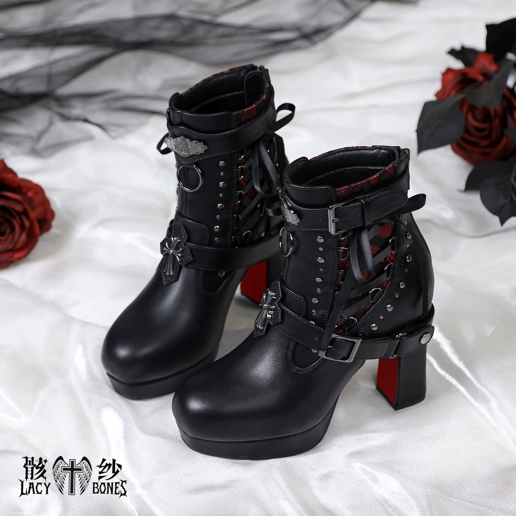 【暗黒の詩】レッドソール×黒紗のゴシックハイヒールブーツ
