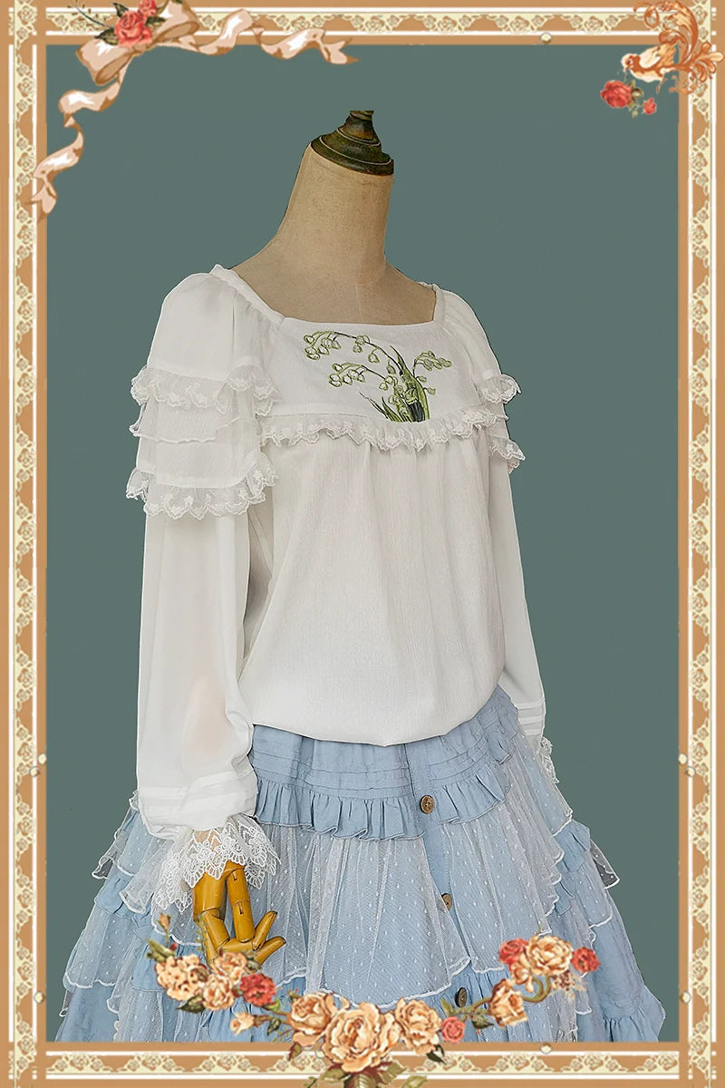 Suzuran embroidery ruffle long sleeve blouse