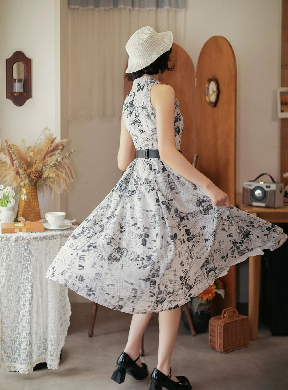 Afternoon Forest Retro Elegant American Sleeve Jumper Skirt with Hair Accessory