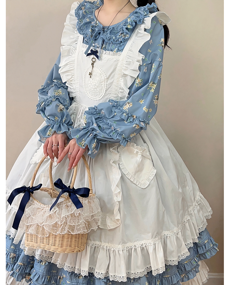 Fragments of Flowers 長袖ティアードワンピース・サックス – ロリータ Fragments of Flowers 長袖ティアードワンピース・サックス – ロリータ