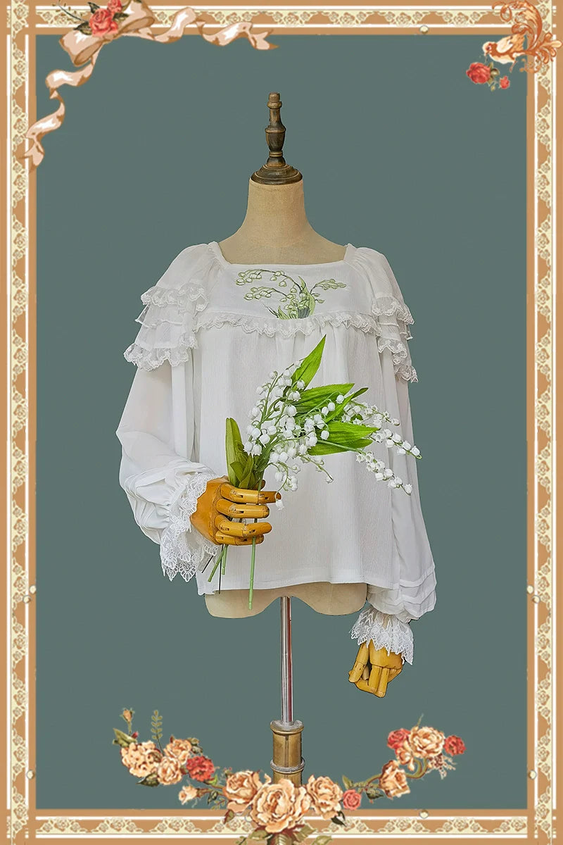 Suzuran embroidery ruffle long sleeve blouse