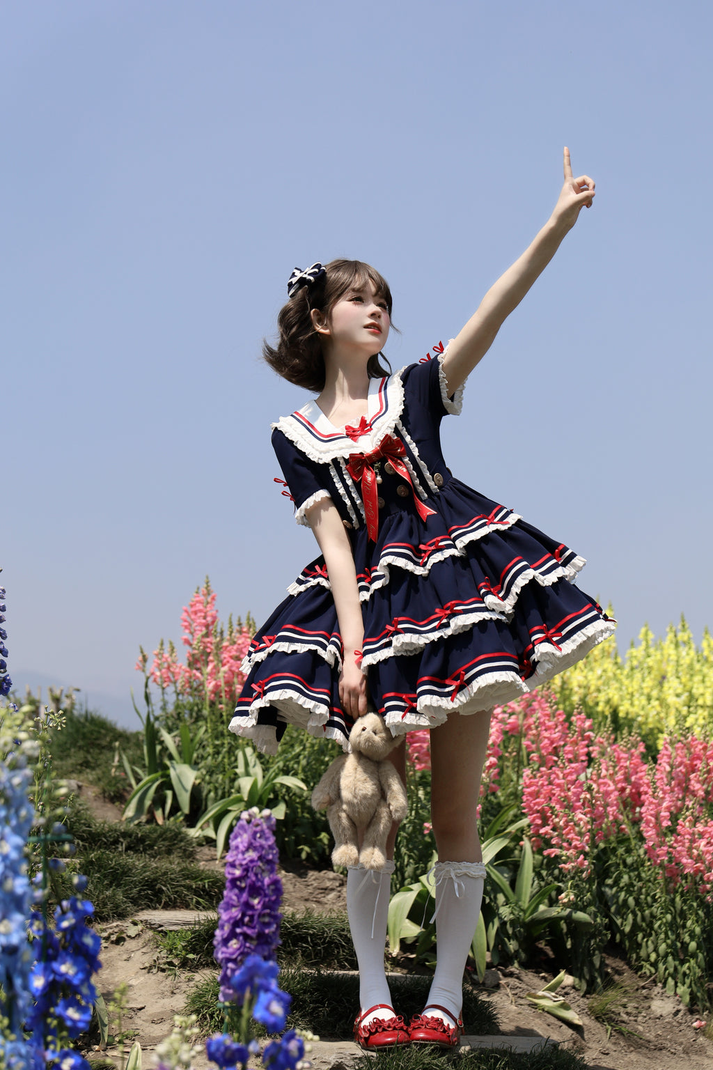 【受注予約4/28まで】セーラー襟と3段フリルの2wayマリンワンピース・ネイビー・ショート丈