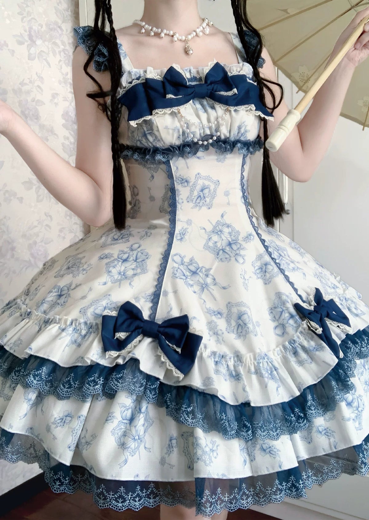 Blue Floral Rose プリントジャンパースカート