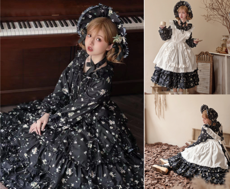 Fragments of Flowers 長袖ティアードワンピース・ブラック