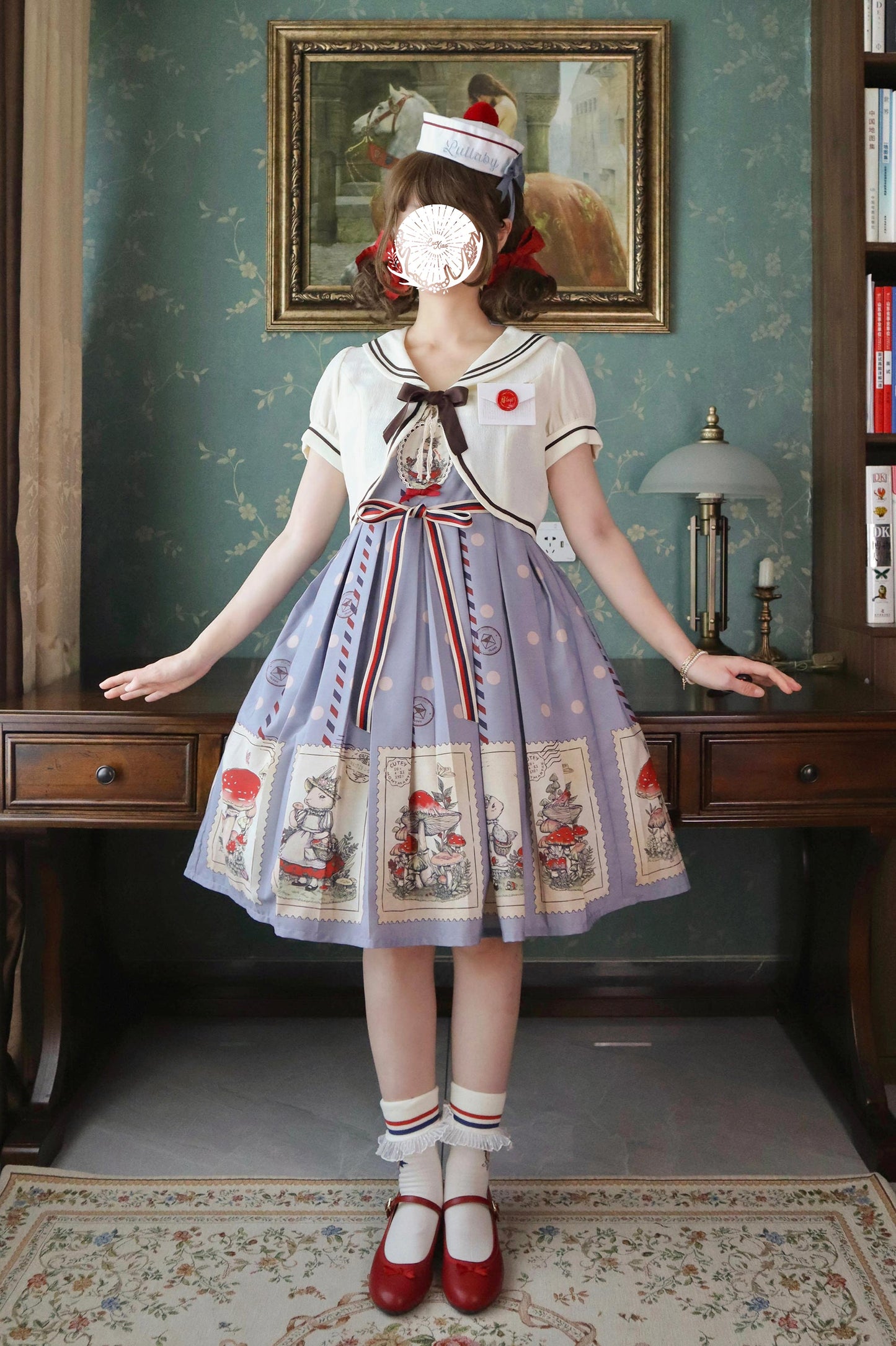 キノコとウサギの切手デザインジャンパースカート