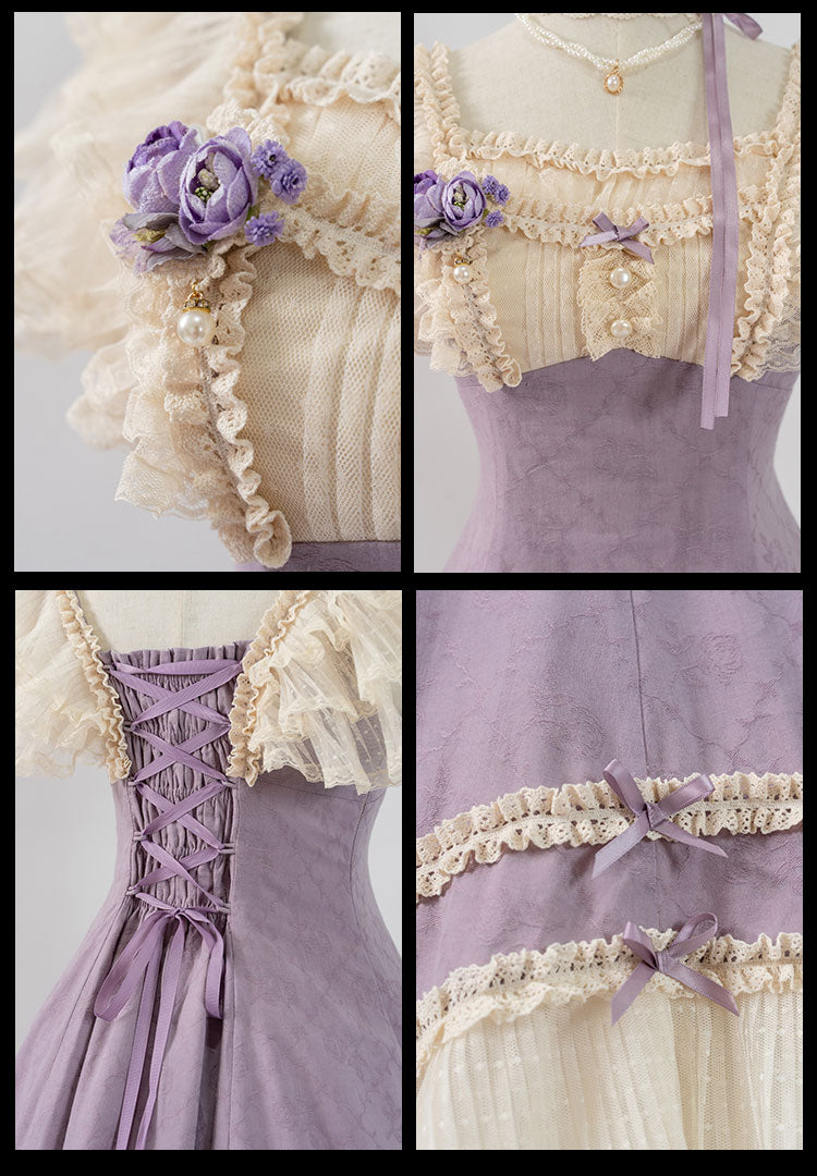 薔薇模様のジャガードフリルレース2wayワンピース 全4色