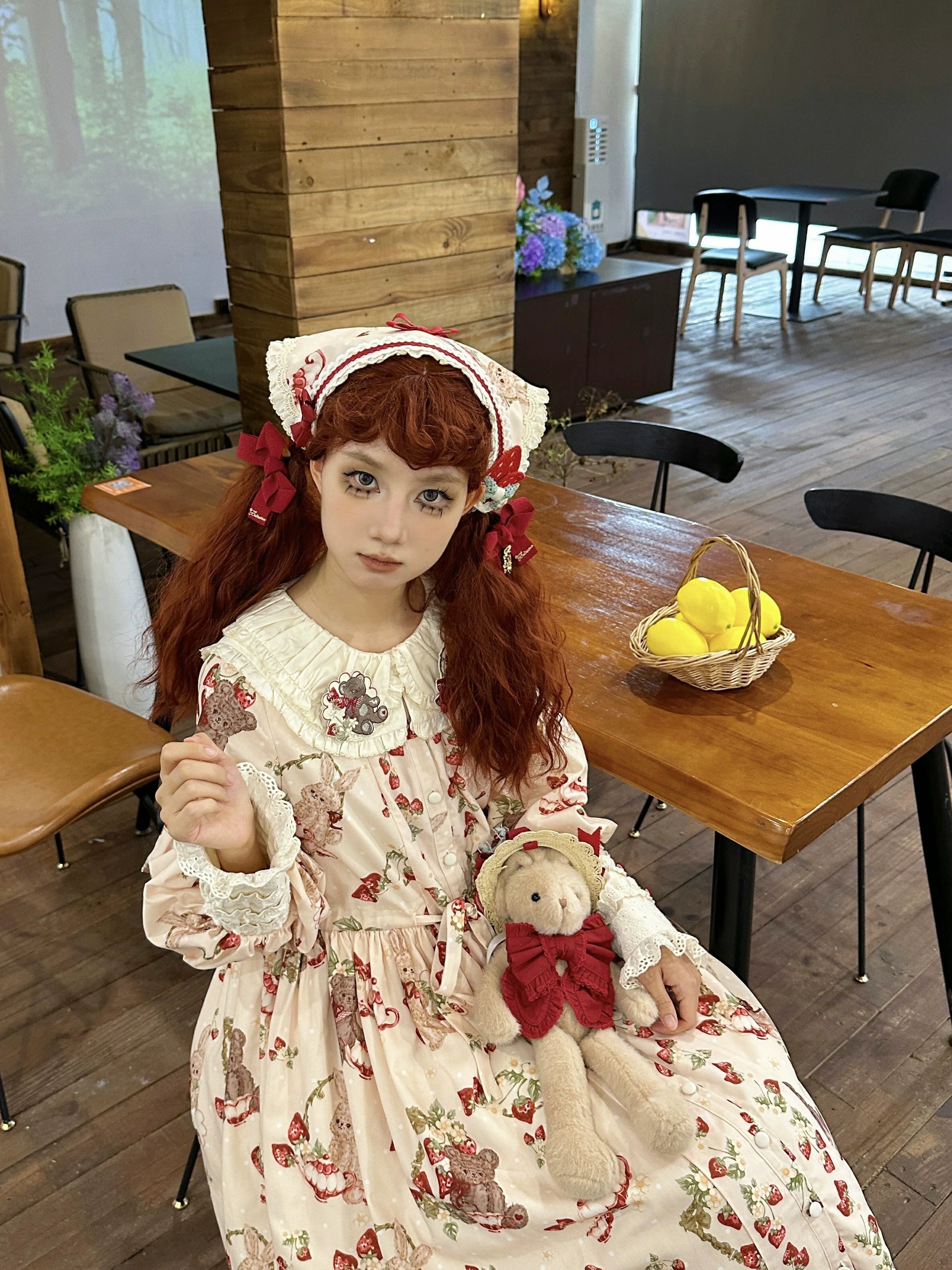 Bunny Bear Bunnyうさ耳付き長袖ワンピース・ロング丈 – ロリータ Bunny Bear Bunnyうさ耳付き長袖ワンピース・ロング丈 – ロリータ