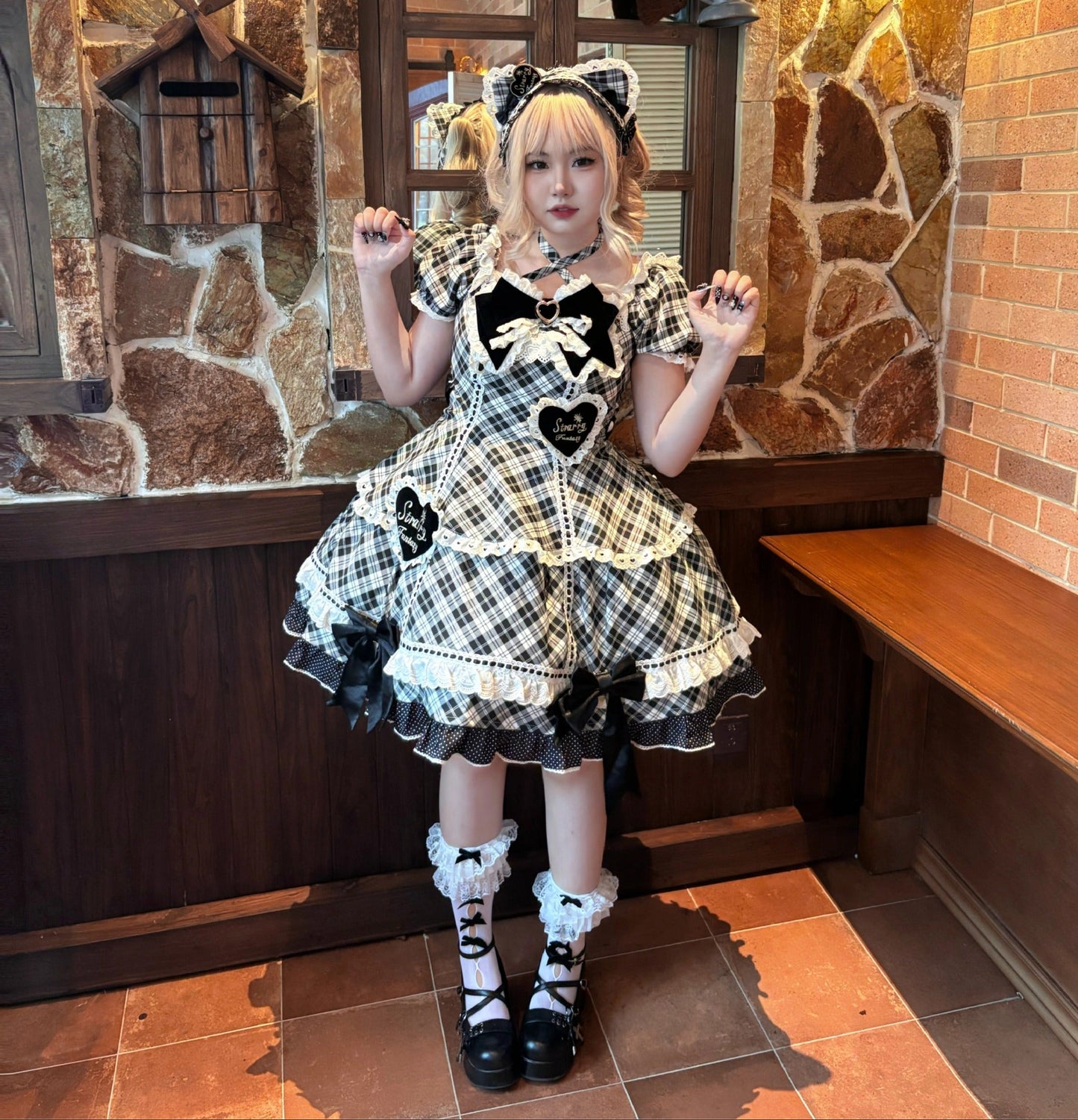 【受注予約11/13まで】Velvet Sweetie Heart チェックの半袖ワンピース・ブラック