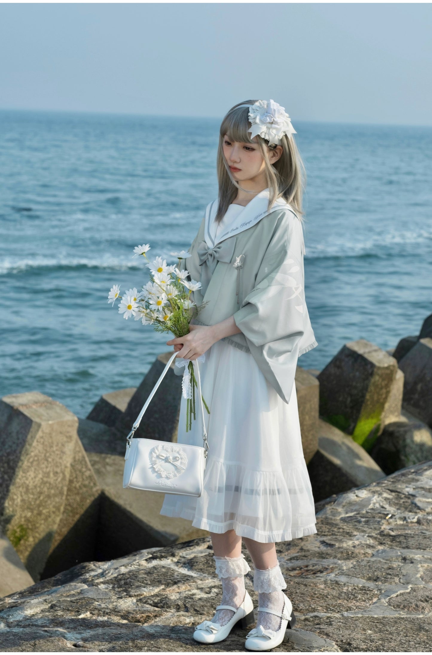 Blue Sea and Bright Moon Sailor Collar Dress, Haori, Apron 3-Piece Set