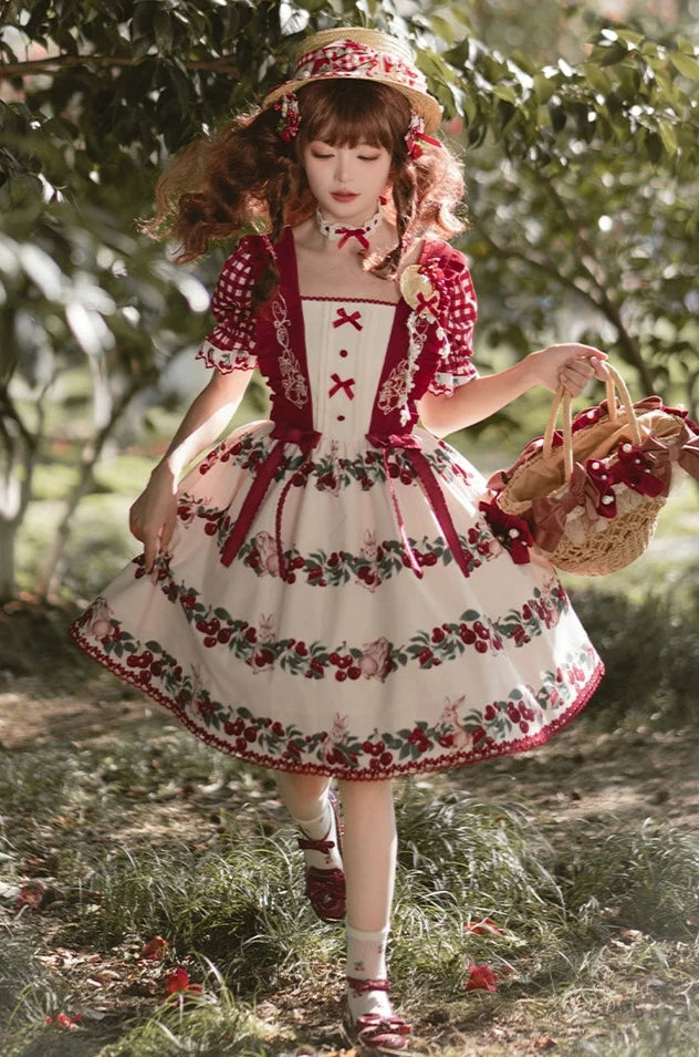 Midsummer Orchard Cherry and Rabbit Short Sleeve Dress