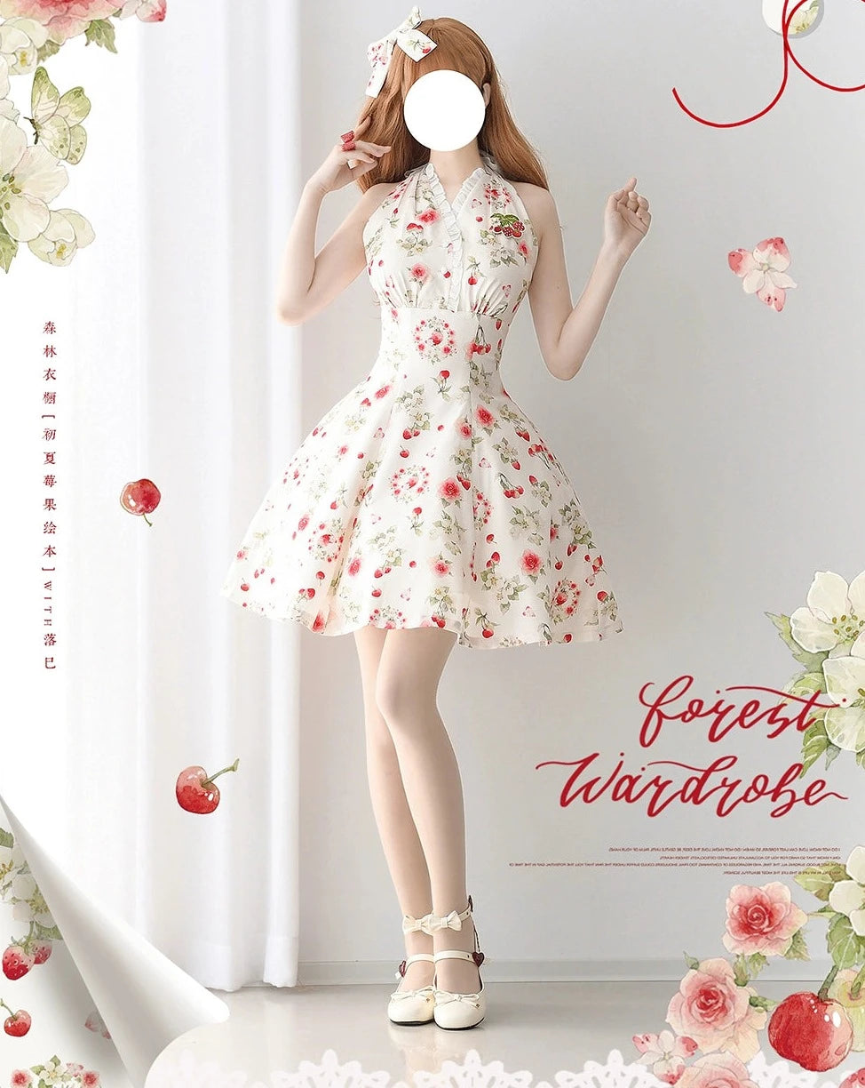 Early Summer Strawberry Picture Book Halter Neck Jumper Skirt with Ribbon Hair Accessory