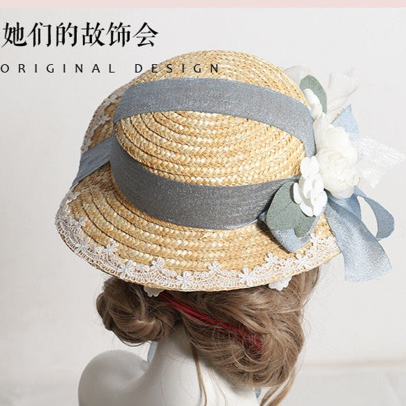 Flower and ribbon straw hat 11 colors