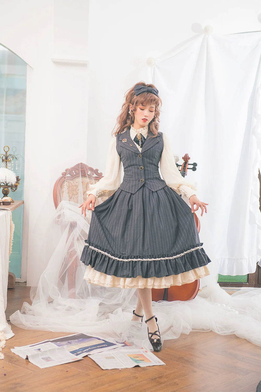 【予約販売】英国クラシカルロリィタ 縦縞ハイウエストスカート