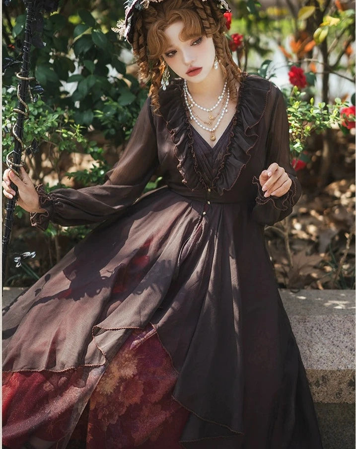 Porcelain Flower Garden 油彩画のロング丈ジャンパースカート