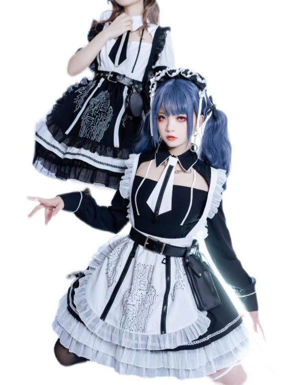 【アウトレット】SFメイド ゴスロリエプロン付き長袖ワンピース・ブラック・3XL・即納