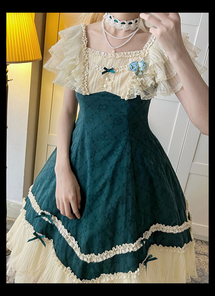 薔薇模様のジャガードフリルレース2wayワンピース 全4色