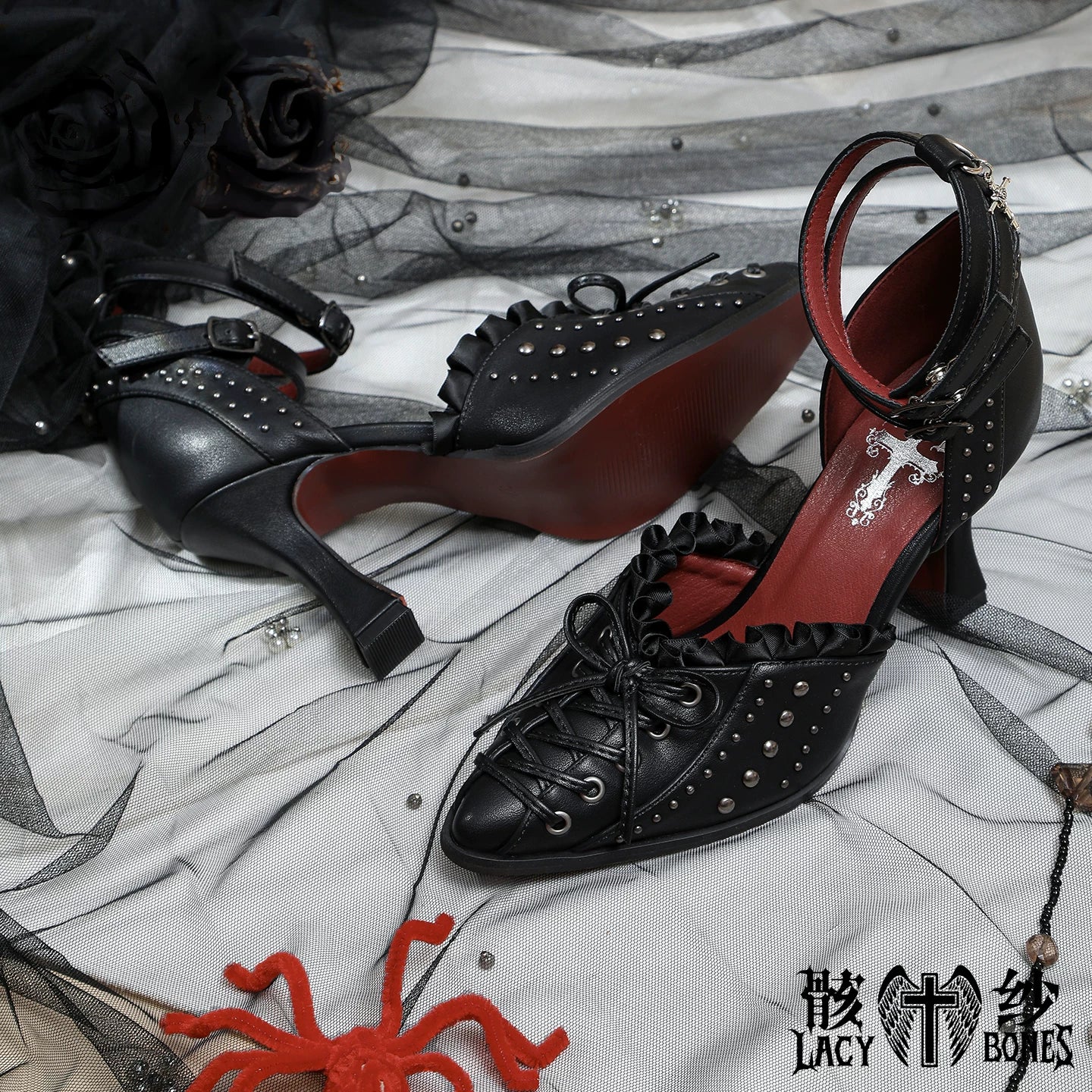 【Twilight Stud Vow】鋲×レース ダークゴシックポインテッドトゥパンプス