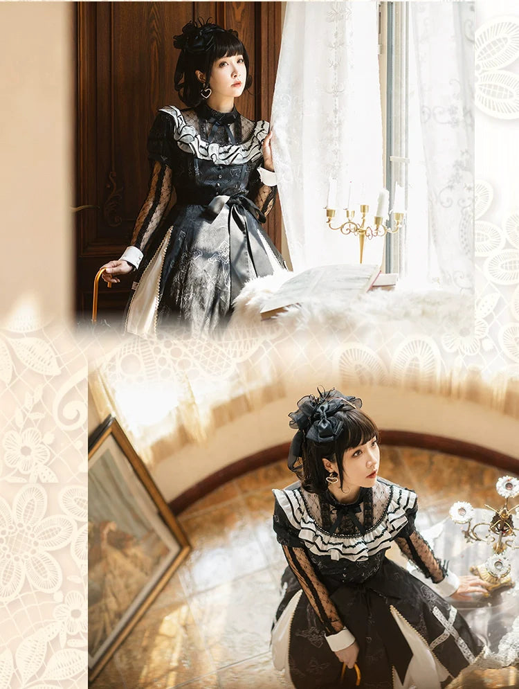 White Cross Ribbon Gothic Long Sleeve Dress