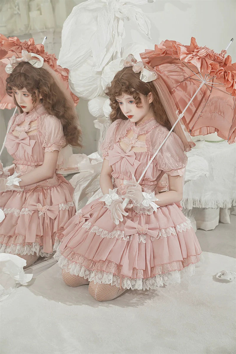 Baby Pink クロスリボンのコルセット風半袖ワンピース