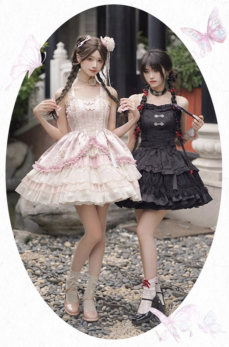 Hana Tabi: A black Hana-Loli set with irregular hem top and frill skirt