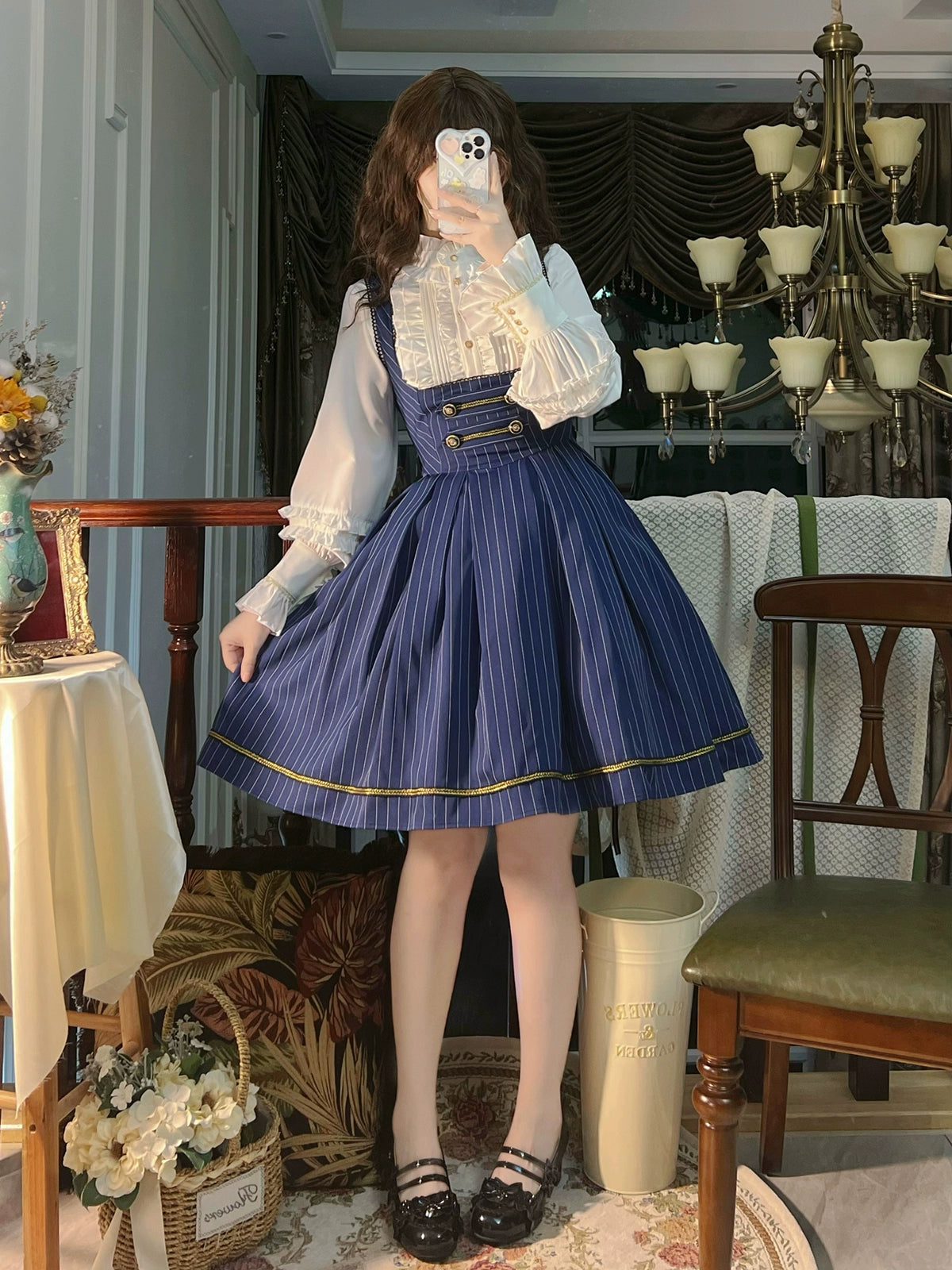 【予約販売】Bright Moon コルセットジャンパースカート ストライプ【ネイビー】