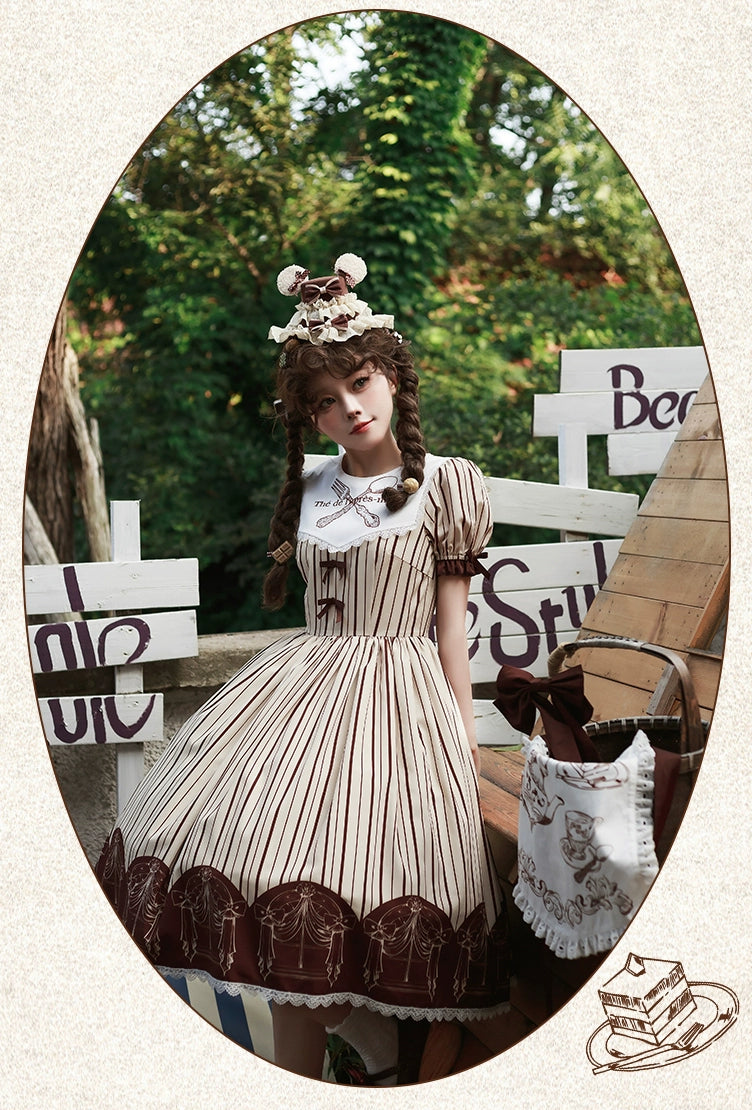 Afternoon tea striped short sleeve dress with arm sleeves and apron