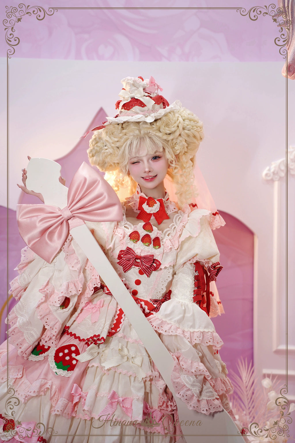 Strawberry Party リボンとフリルのデコレーションドレス・姫袖タイプ