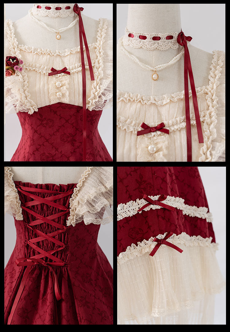 薔薇模様のジャガードフリルレース2wayワンピース 全4色