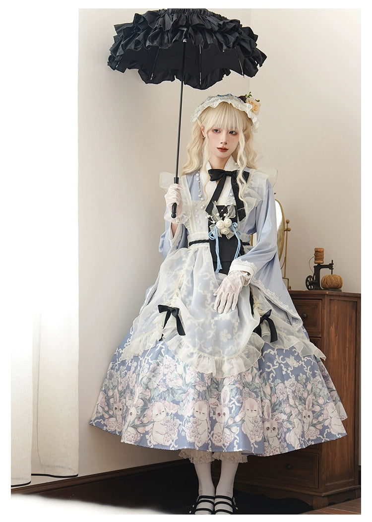 椿の花咲く庭 和風アリスのエプロン付きメイド服