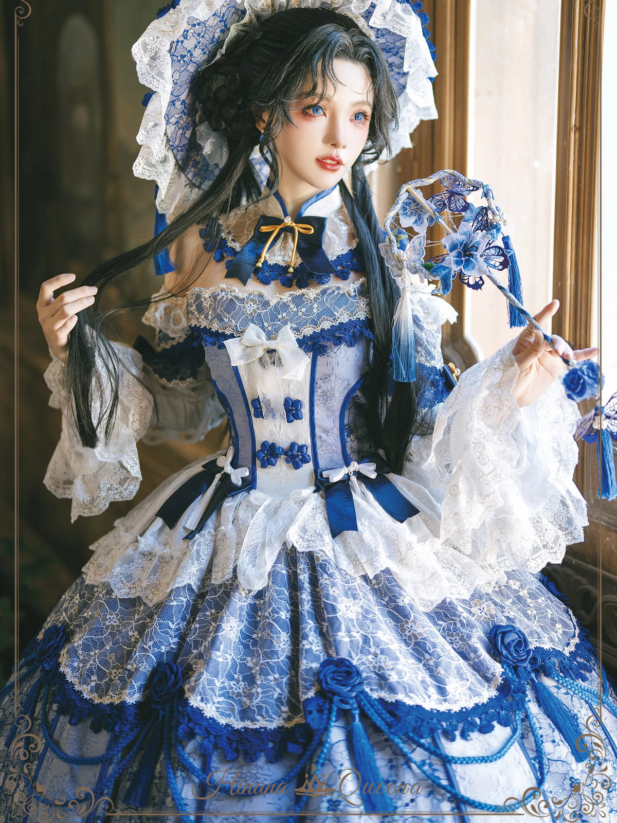 【受注予約11/18まで】千刻玲瓏 中華風長袖ドレス・ブルー