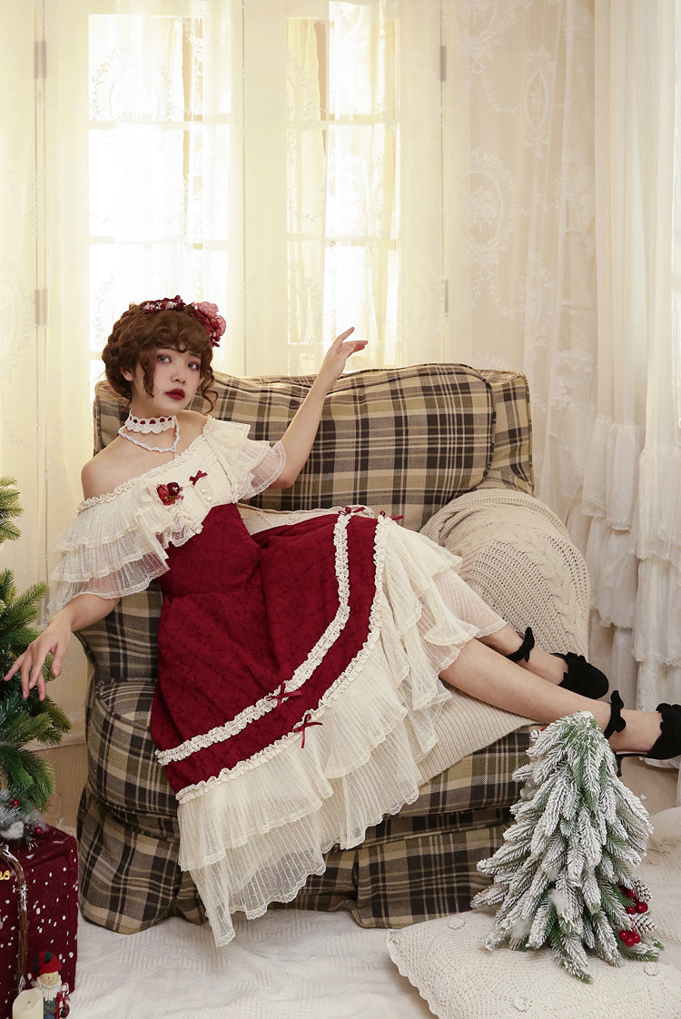 薔薇模様のジャガードフリルレース2wayワンピース 全4色