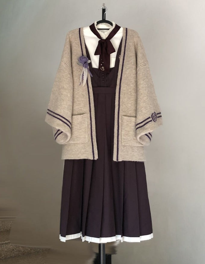 和風深紫のジャンパースカートとブラウス・羽織・コサージュ単品
