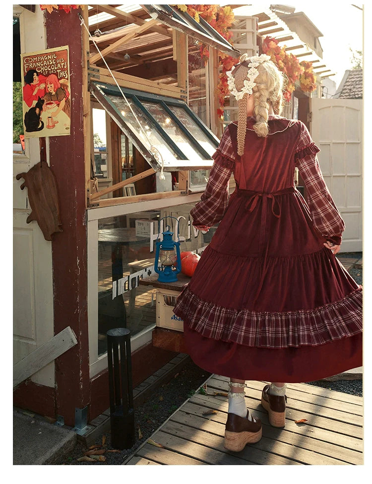 Red check and velvet layered dress