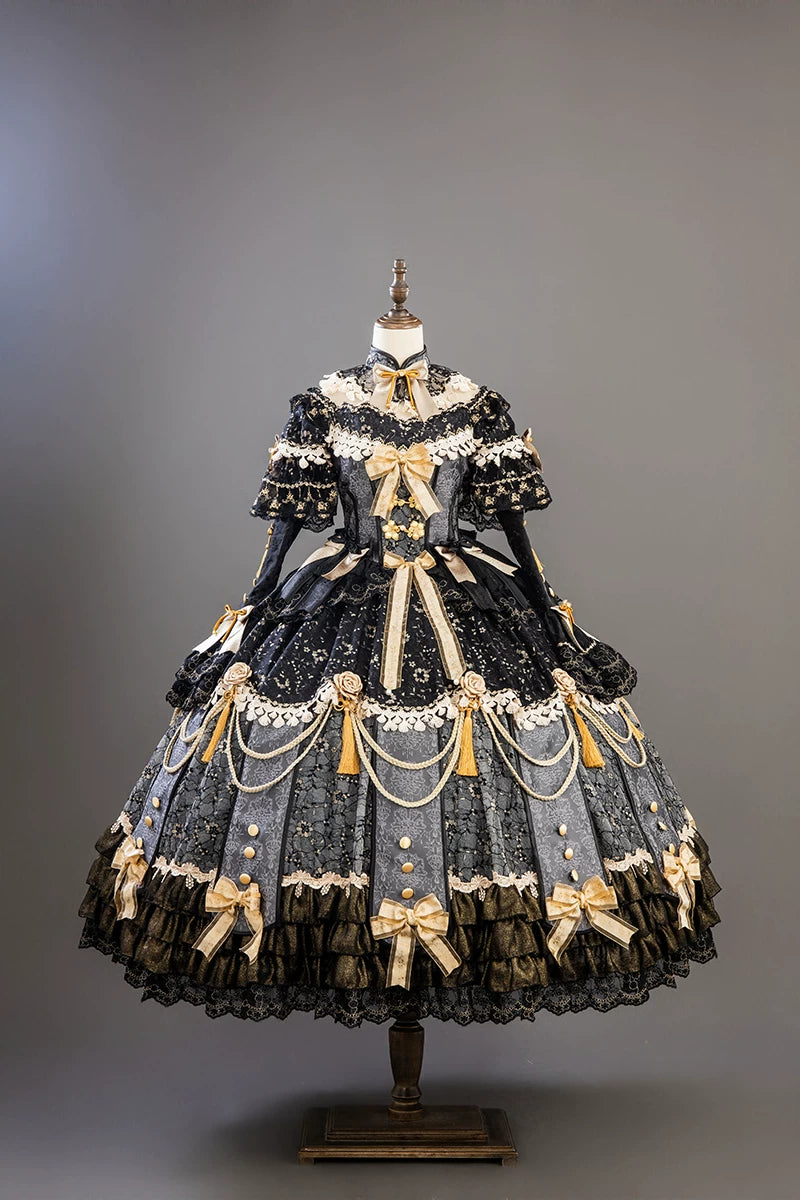 【受注予約11/18まで】千刻玲瓏 中華風長袖ドレス・ブラック