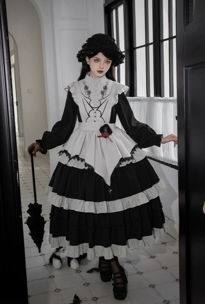 Monochrome Night Rose Embroidered Dress and Apron