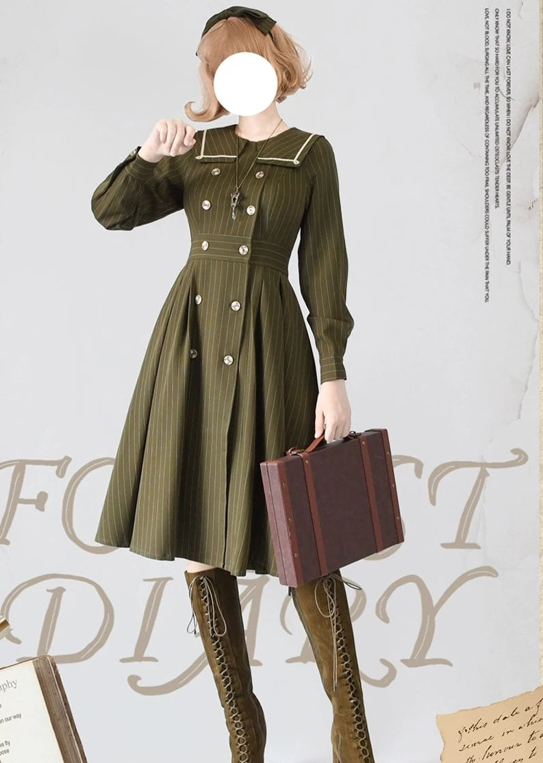 Forest Diary ストライプクラシカルコートワンピース リボンカチューシャ付き