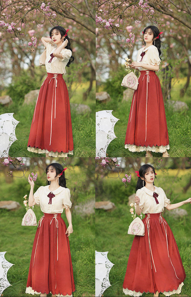 夏のお嬢様風レトロクラシカルセットアップ 全7色