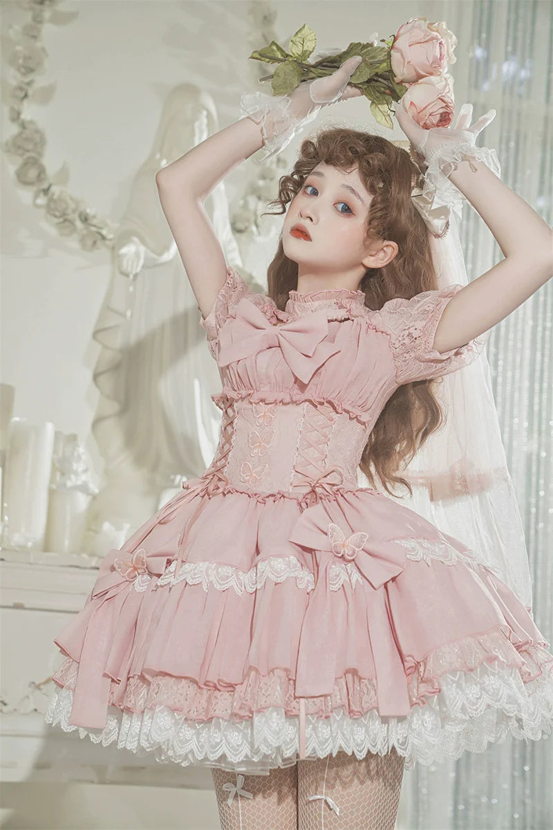 Baby Pink クロスリボンのコルセット風半袖ワンピース – ロリータ Baby Pink クロスリボンのコルセット風半袖ワンピース – ロリータ