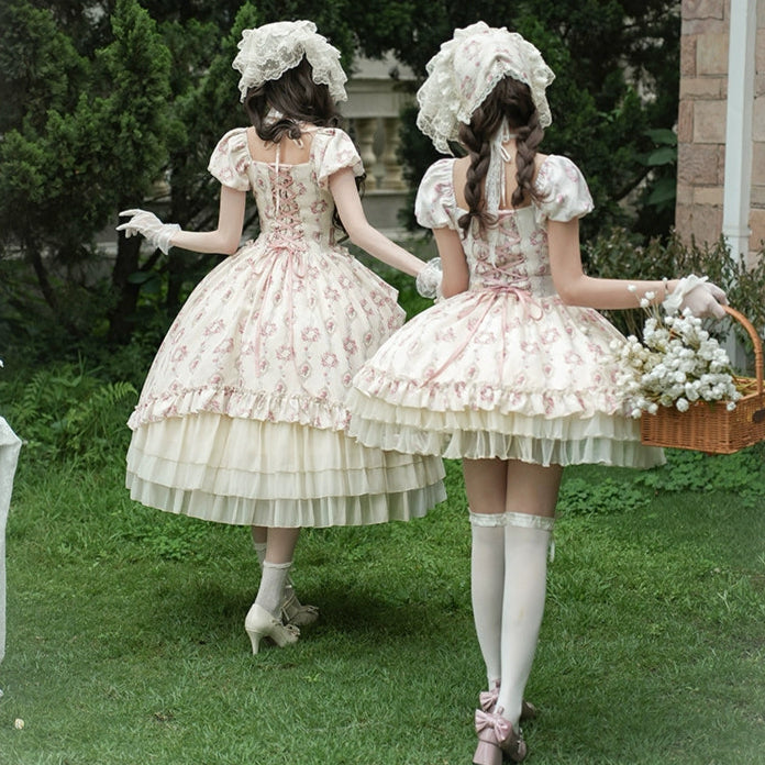 雨上がりの薔薇 プリントワンピース・ロング丈