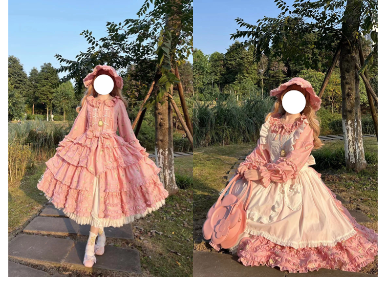 Fragments of Flowers 長袖ティアードワンピース・ピンク – ロリータ Fragments of Flowers 長袖ティアードワンピース・ピンク – ロリータ