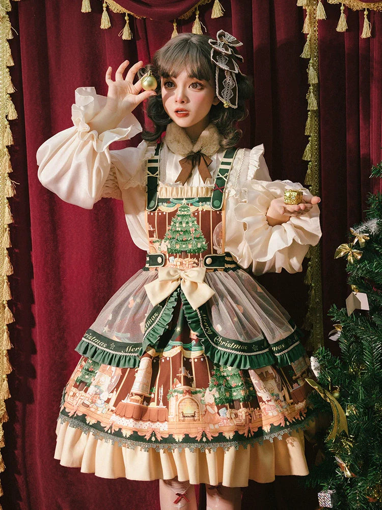 ネザーランドドワーフとクリスマスツリーのジャンパースカート ファーティペット付
