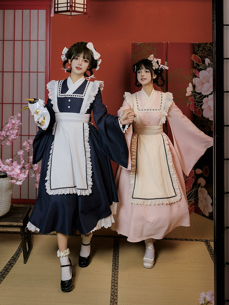 和風メイド ピンクとネイビーの和ロリドレス