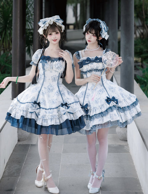 Blue Floral Rose プリントジャンパースカート