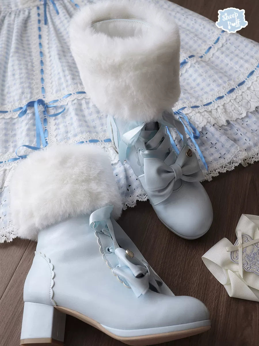取り外し可能ファー付きリボンブーツ