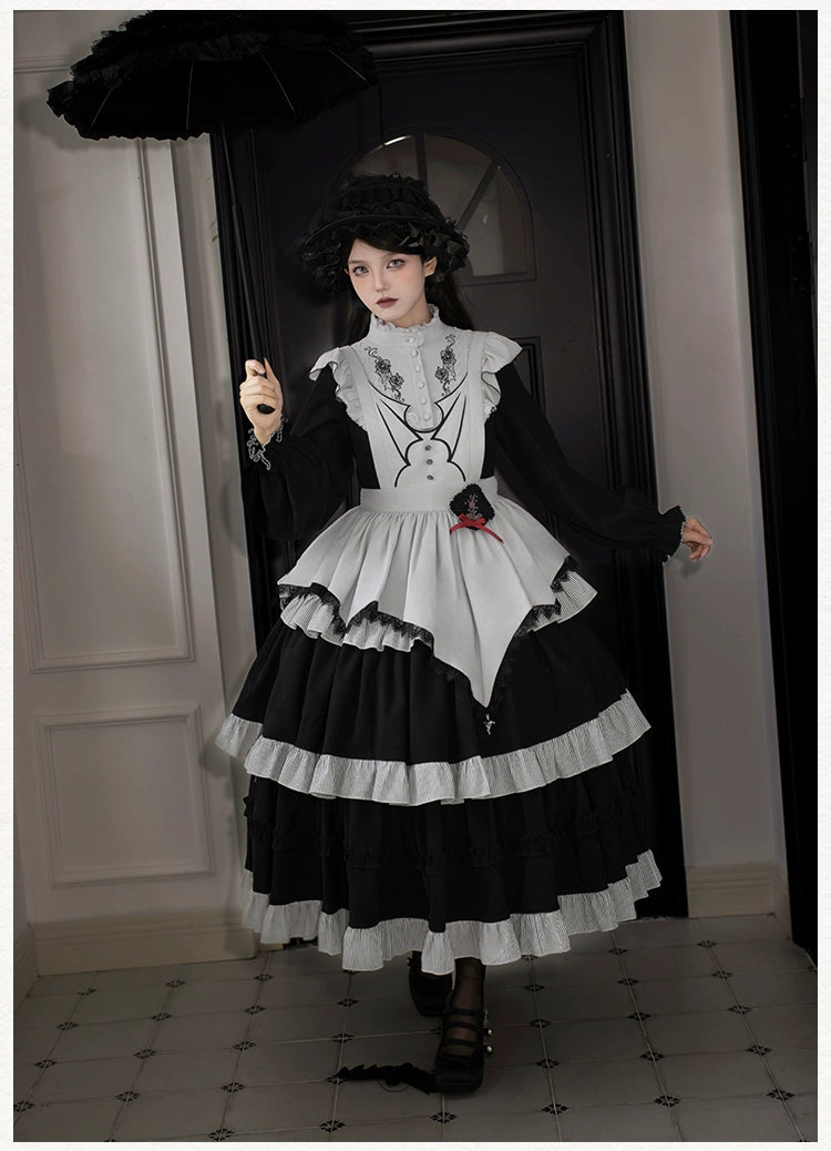 Monochrome Night Rose Embroidered Dress and Apron